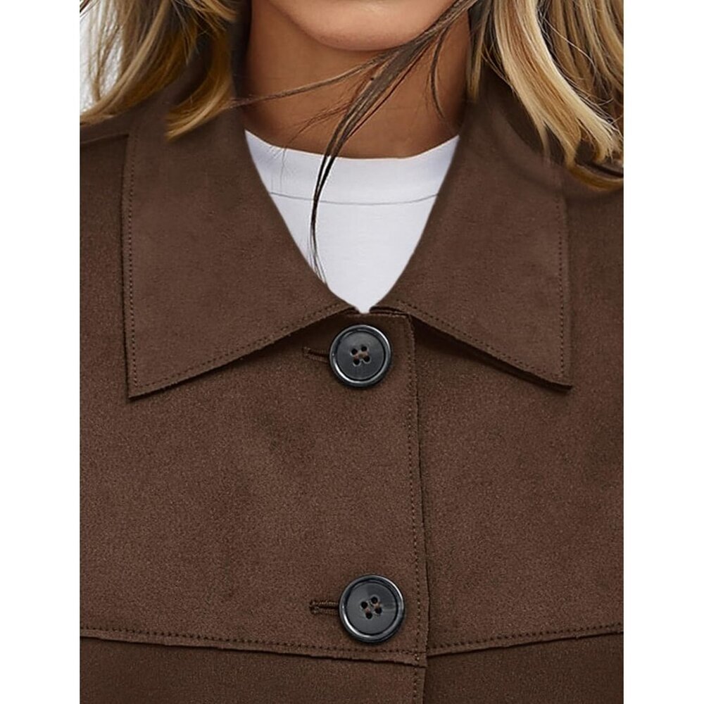 Women's Faux Suede Cropped Jacket Casual Lightweight Spring Outerwear Dark Brown - Picture 5 of 6
